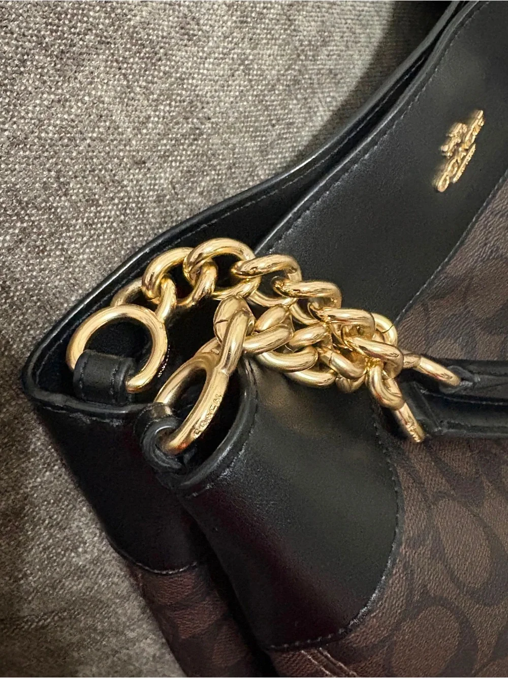 Coach Brown Signature Shoulder Tote with Black Trim and Gold Hardware